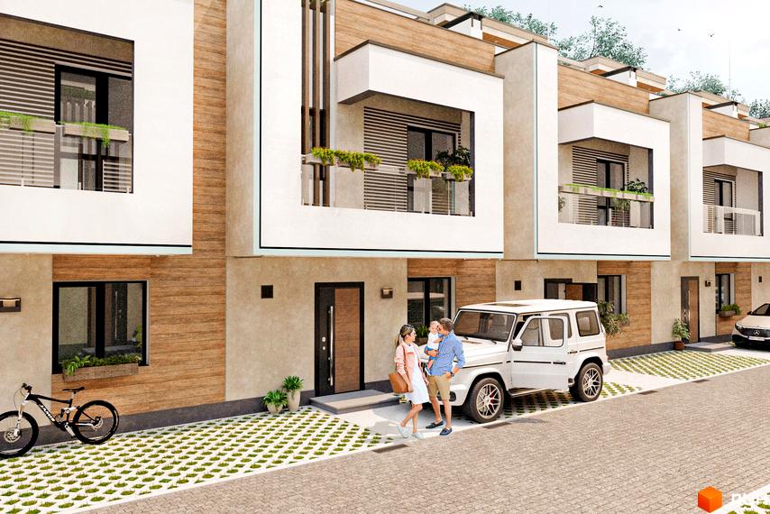 Таунхауси Lisopark з білим фасадом та дерев'яними елементами, поруч білий позашляховик та велосипед.