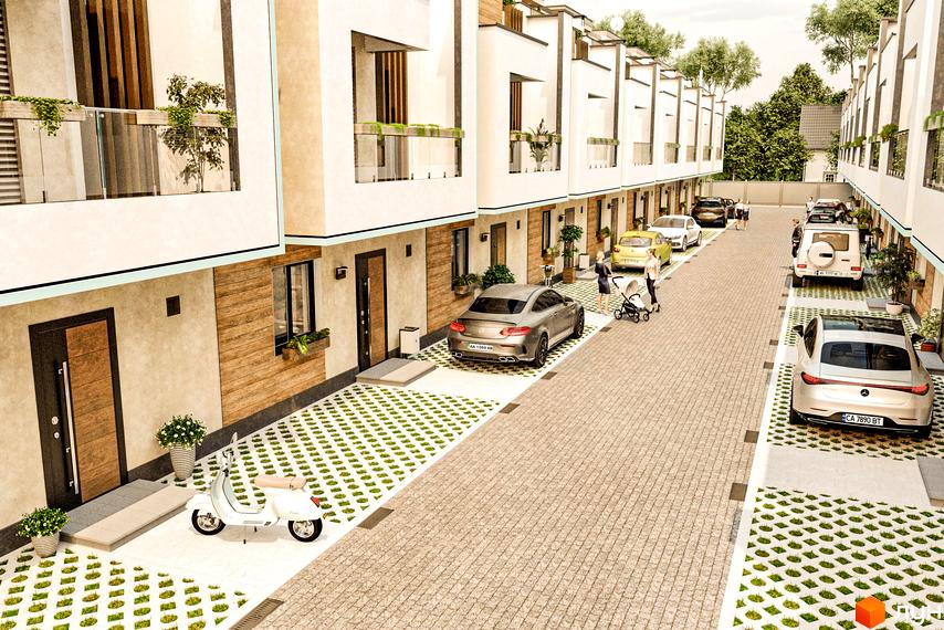 Зовнішній вигляд таунхаусів Lisopark з автомобілями та скутером на бруківці. Сучасний житловий комплекс з доглянутою прибудинковою територією.