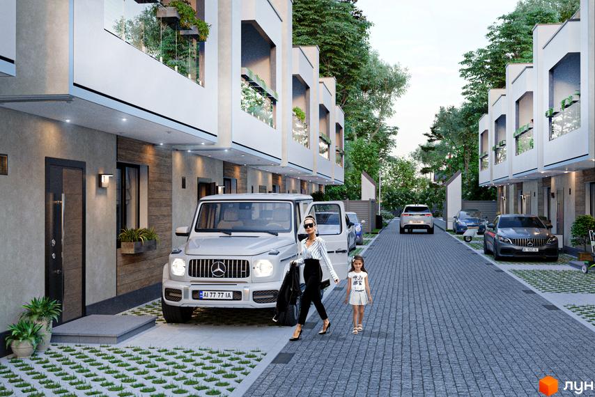 Таунхауси Lisopark: фасади будинків та брукована вулиця з автомобілями. Зовнішній вигляд новобудов та прибудинкової території.