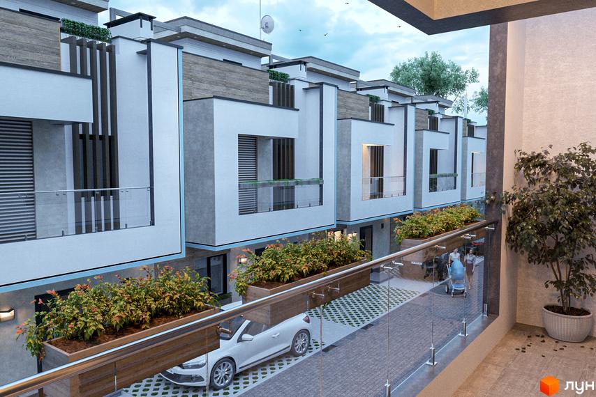 Таунхауси Lisopark: фасади будівель з дерев'яними елементами та скляними балконами. Прибудинкова територія з зеленими насадженнями та автомобілем.