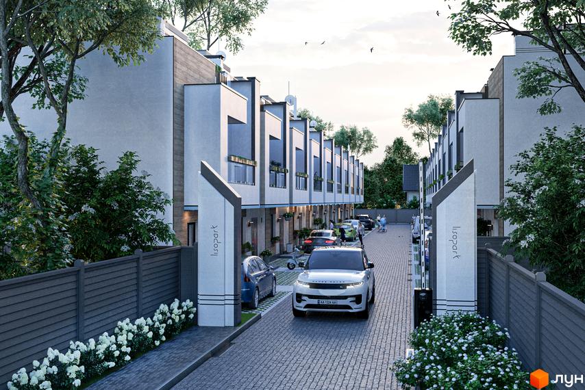 Таунхауси Lisopark: фасади будинків з балконами та паркомісця на бруківці. Прибудинкова територія з парканом та квітами.