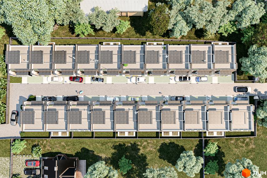 Таунхауси Lisopark: вид зверху на ряди будинків з терасами та паркувальними місцями, оточені зеленню та деревами.