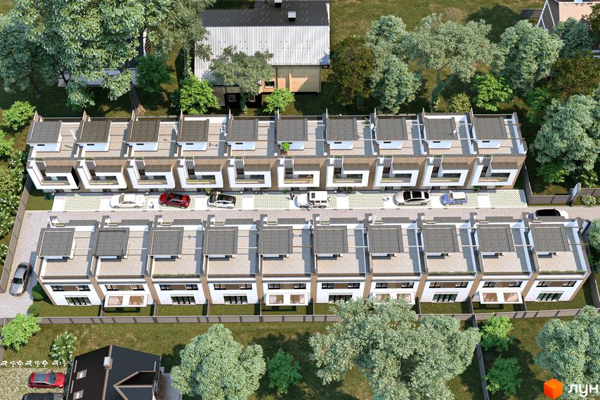 Таунхауси Lisopark. Зовнішній вигляд будинків та прибудинкова територія з автомобілями та деревами.