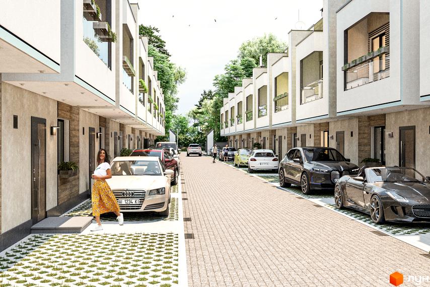 Зовнішній вигляд таунхаусів Lisopark з автомобілями на подвір'ї. Сучасний житловий комплекс з акуратними фасадами та зеленими насадженнями.