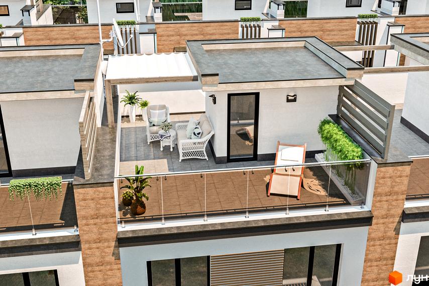 Таунхауси Lisopark. Зовнішній вигляд будинків з терасами та меблями для відпочинку, зелені насадження.