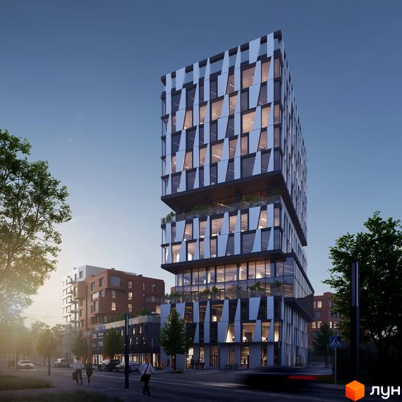 Сучасний житловий комплекс N69 Residents з унікальним фасадом та великими вікнами, розташований на тлі міського пейзажу з деревами та дорогою.