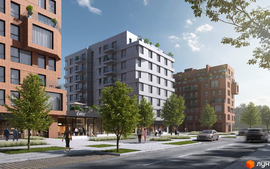 Фасад новобудови N69 Residents з дерев'яним оздобленням та сірим оздобленням, з балконами та зеленими насадженнями. Прибудинкова територія з деревами та пішохідною зоною.