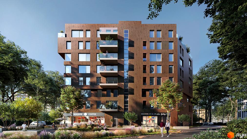 Будинок ЖК N69 Residents з дерев'яним фасадом та балконами, оточений деревами та зеленою зоною. На першому поверсі розташовані магазини.