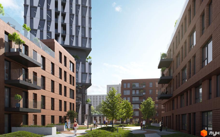 Житловий комплекс N69 Residents - це сучасна новобудова з цегляним фасадом та просторим внутрішнім двором з деревами та зонами відпочинку.