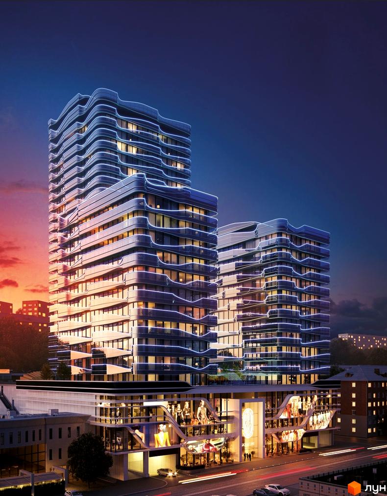 Житловий комплекс Signature з унікальним дизайном фасадів, підсвіченими хвилястими лініями та панорамними вікнами. Сучасна архітектура та освітлення створюють неповторний образ новобудови.
