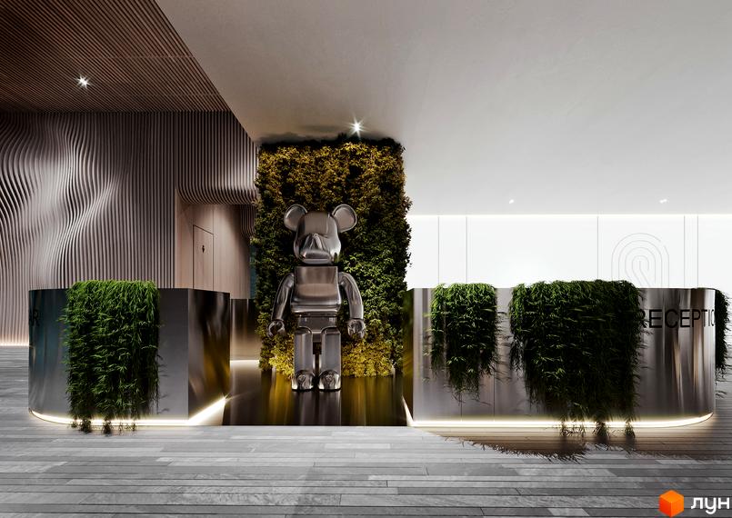 Житловий комплекс Signature: стильна рецепція з живою зеленню та арт-об'єктом у вигляді ведмедя. Сучасний дизайн інтер'єру.