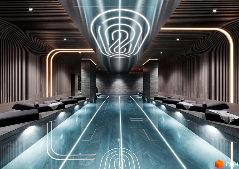 Басейн у житловому комплексі Signature з футуристичним дизайном та підсвіткою. Розкішний інтер'єр з дерев'яними панелями та зручними лежаками.
