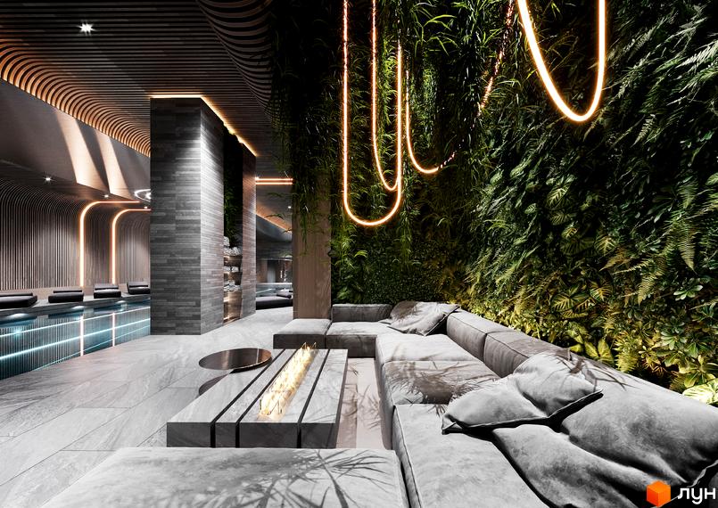 Житловий комплекс Signature: розкішний інтер'єр з басейном, зеленою стіною та каміном. Сучасний дизайн та комфорт для відпочинку.