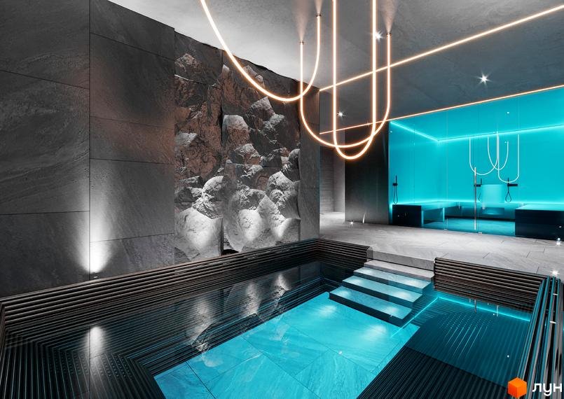 Басейн в житловому комплексі Signature з кам'яною стіною та блакитним освітленням. Сучасний дизайн інтер'єру з неоновими елементами.