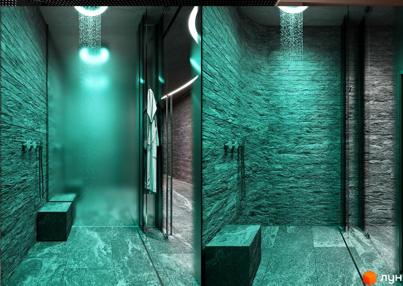 Дизайн сучасної ванної кімнати в ЖК Signature з душем, кам'яною стіною та мармуровою підлогою. Розкішний інтер'єр новобудови для комфортного життя.