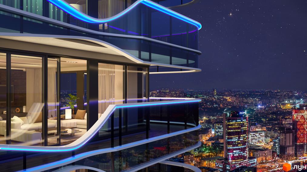 Житловий комплекс Signature з видовими балконами та панорамними вікнами у нічному місті. Сучасна архітектура з неоновим підсвічуванням.