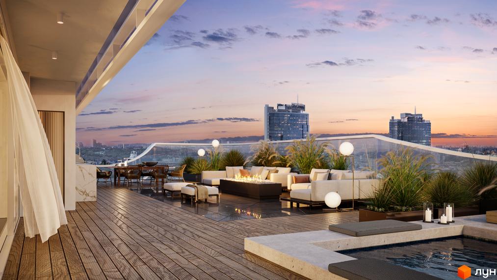 Житловий комплекс Signature: простора тераса з каміном, диванами та басейном на даху з видом на місто на заході сонця. Сучасна архітектура та затишна атмосфера для відпочинку.