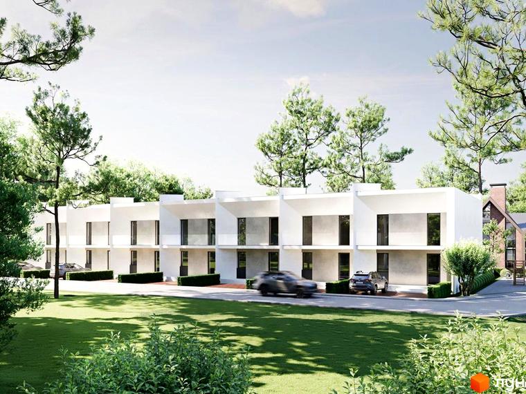 COZY HOUSE - сучасний житловий комплекс з білими таунхаусами та зеленим подвір'ям. На території комплексу є автомобілі та дерева.