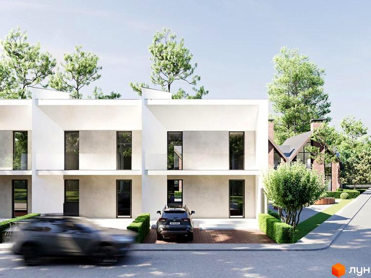 Таунхауси COZY HOUSE з білими фасадами та великими вікнами, прибудинкова територія з деревами та кущами.