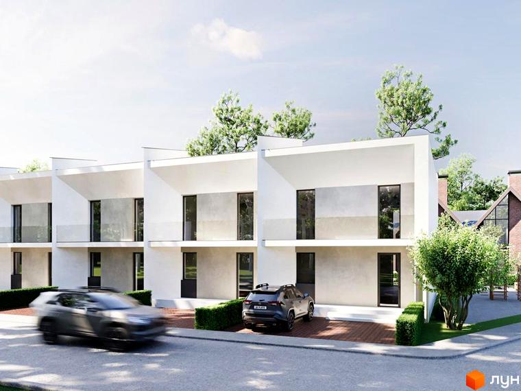 Таунхаус COZY HOUSE - це двоповерхові будинки з великими вікнами та балконами. На прибудинковій території розташовані паркомісця та зелені насадження.