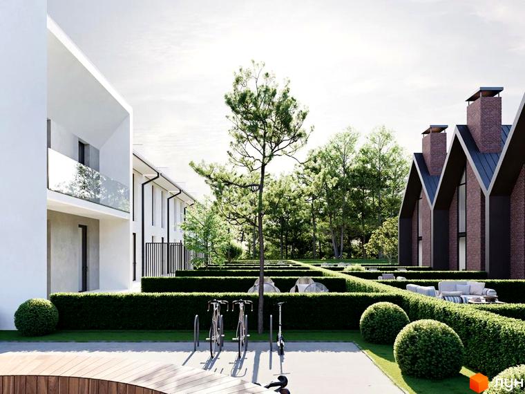 Таунхаус COZY HOUSE з цегляними фасадами та білою обшивкою, оточений акуратними кущами та деревами. На території є велосипедна парковка та зона відпочинку з диванами.