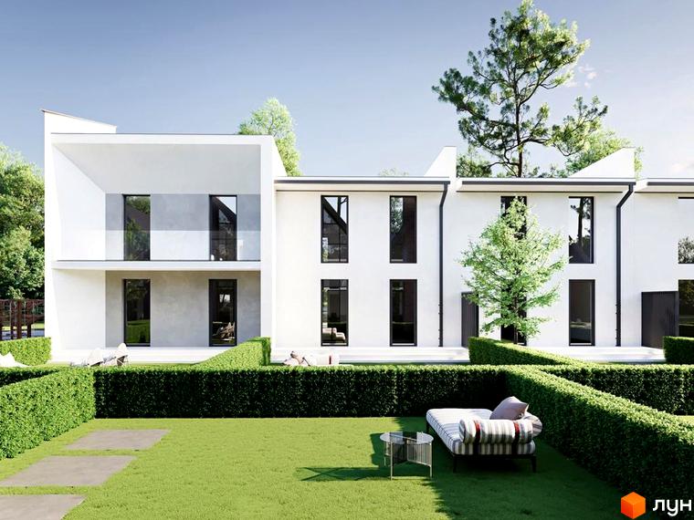 Зовнішній вигляд таунхаусів COZY HOUSE з білим фасадом та великими вікнами. Прибудинкова територія з акуратним газоном та живоплотом.
