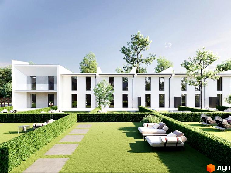 Таунхаус COZY HOUSE з білою фасадною обробкою та великими вікнами, оточений зеленою прибудинковою територією з доглянутими газонами та зонами відпочинку.