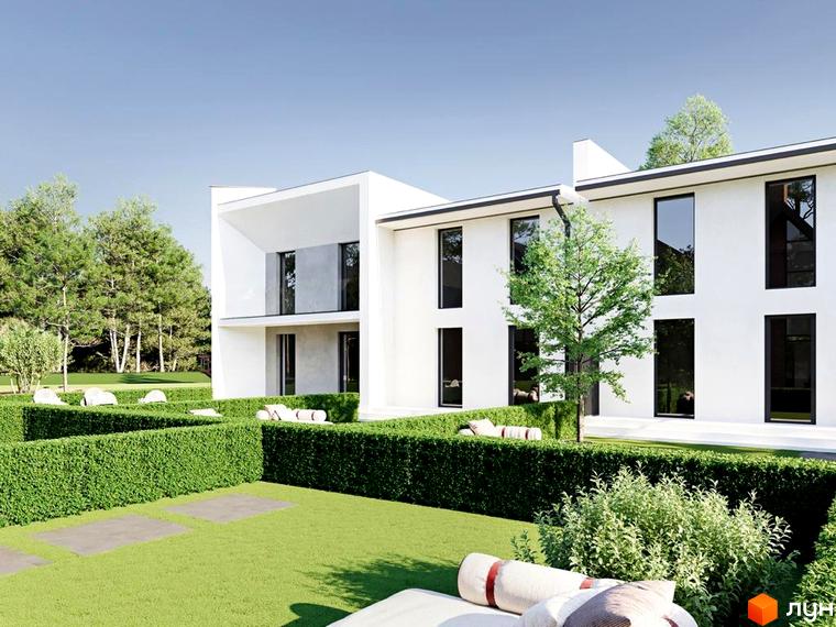 Таунхаус COZY HOUSE з білим фасадом та великими вікнами, оточений акуратним зеленим парканом та доглянутим газоном з лежаками.