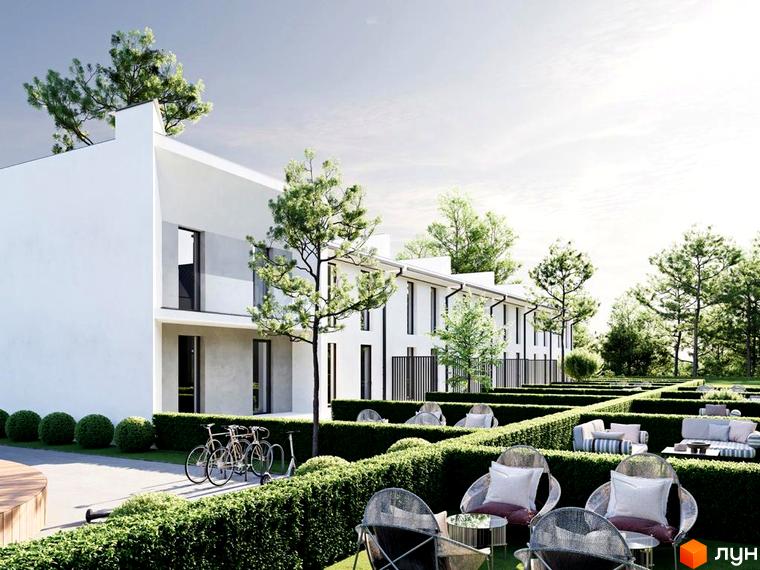 Таунхаус COZY HOUSE з білим фасадом та зеленою прибудинковою територією з зонами відпочинку. Затишний житловий комплекс з ландшафтним дизайном.