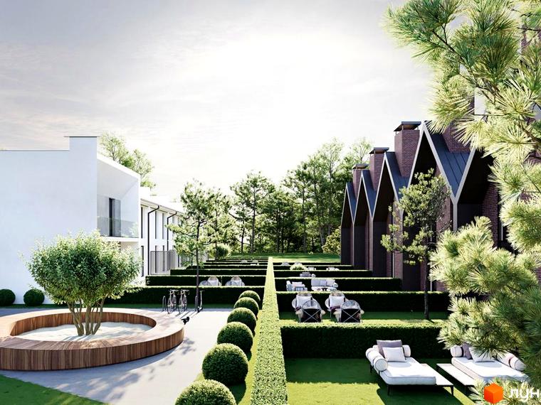 Таунхаус COZY HOUSE з білими фасадами та цегляними будинками з гострими дахами. Прибудинкова територія з доглянутими газонами, кущами та місцями для відпочинку.