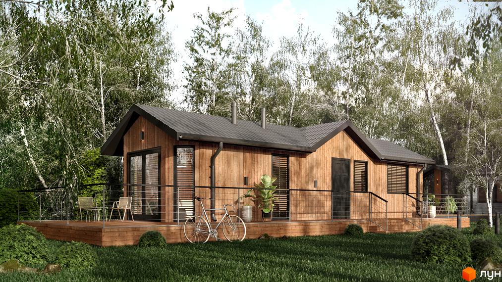 Котеджне містечко Mulberry Homes: дерев'яний будинок з терасою та велосипедом на тлі дерев. Зелена галявина перед будинком.