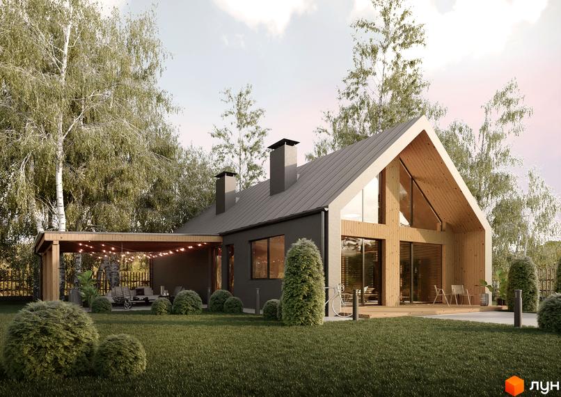 Котеджне містечко Mulberry Homes: двоповерховий будинок з великими вікнами та дерев'яними елементами, тераса з гірляндами та зелений газон. Сучасна архітектура та затишна атмосфера.