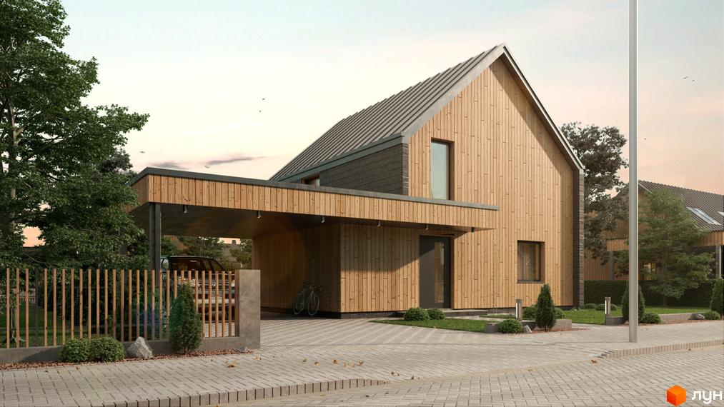 Котеджне містечко КМ Mulberry Homes. Двоповерховий будинок з дерев'яним фасадом, навісом для авто та акуратною прибудинковою територією з огорожею та деревами.