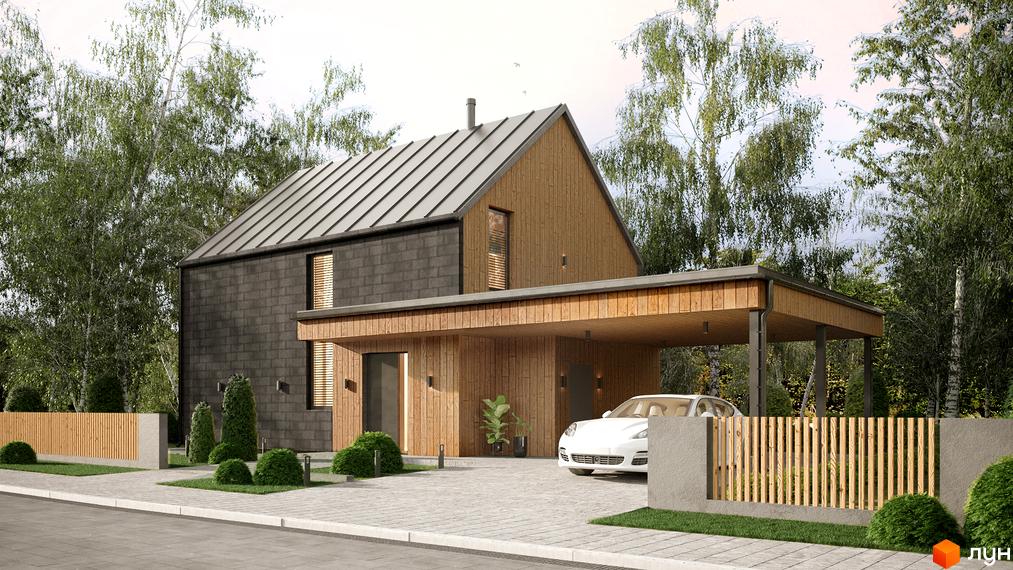 Котеджне містечко КМ Mulberry Homes. Сучасний двоповерховий будинок з дерев'яним фасадом та навісом для автомобіля. Прибудинкова територія з парканом та зеленими насадженнями.