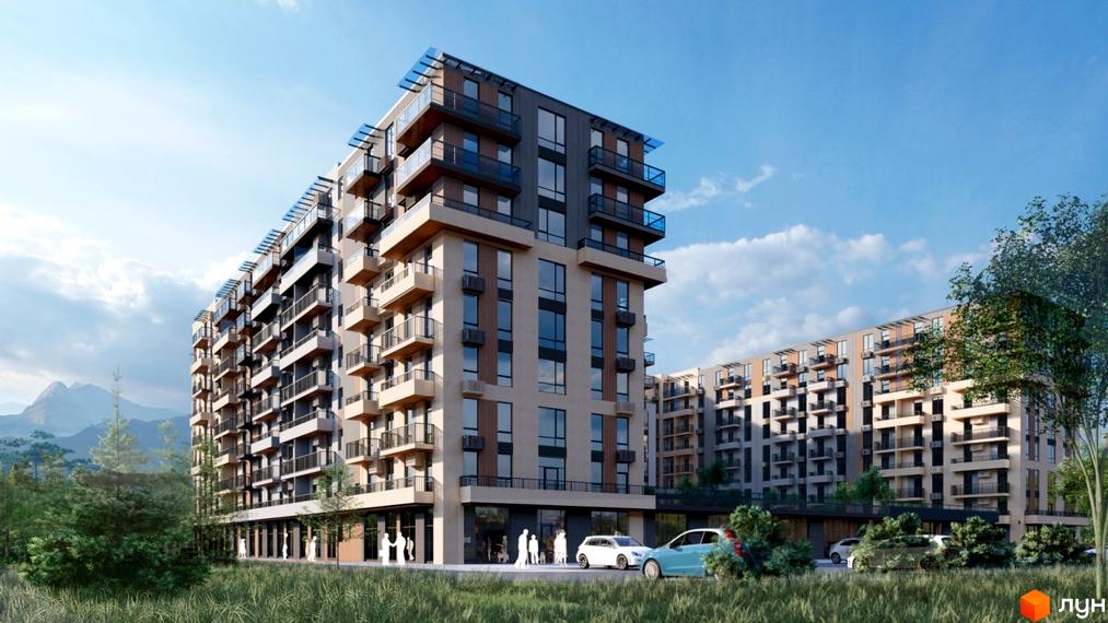 ЖК Корона - новий житловий комплекс з сучасним дизайном. На зображенні видно багатоповерховий будинок з балконами та прибудинковою територією з зеленню та місцями для паркування.