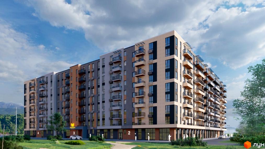 Багатоповерховий будинок ЖК Krona з балконами та великими вікнами. На території є зелені насадження, парковка та пішохідні доріжки.