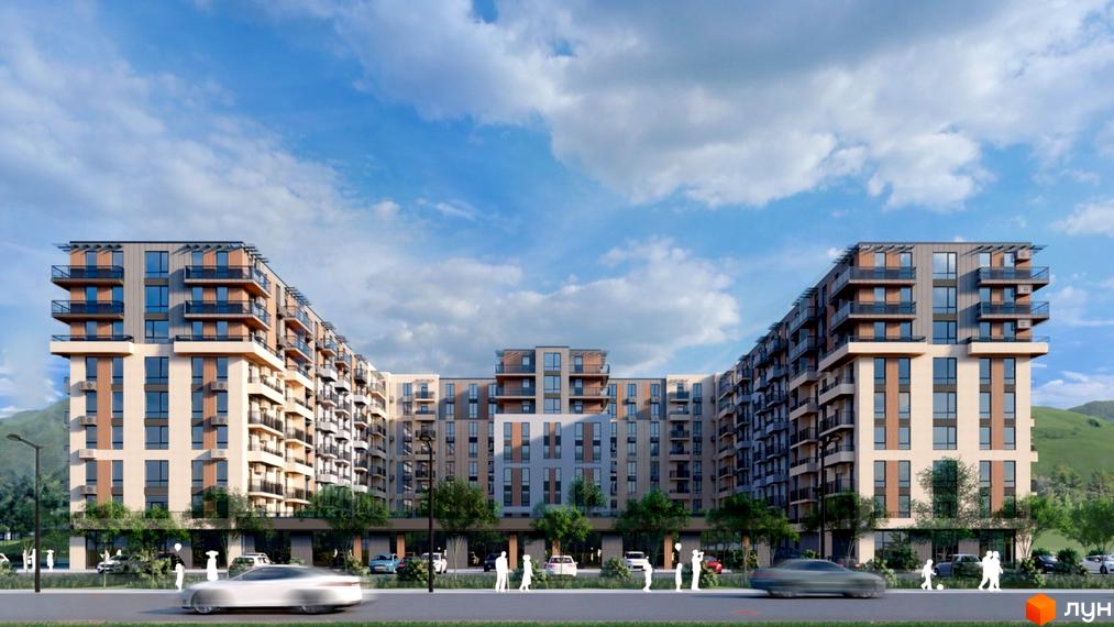 Житловий комплекс КОРОНА. Висотна будівля з балконами та панорамними вікнами. На території є зелені насадження, парковка та тротуар.