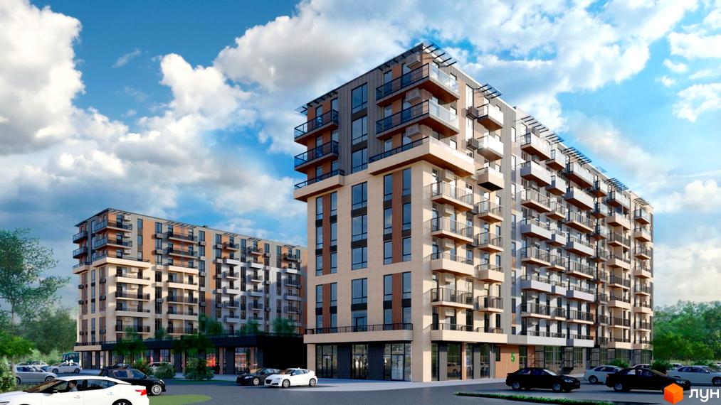 Багатоповерховий будинок ЖК КОРОНА з балконами та скляними перилами. На прибудинковій території є парковка для автомобілів та зелені насадження.