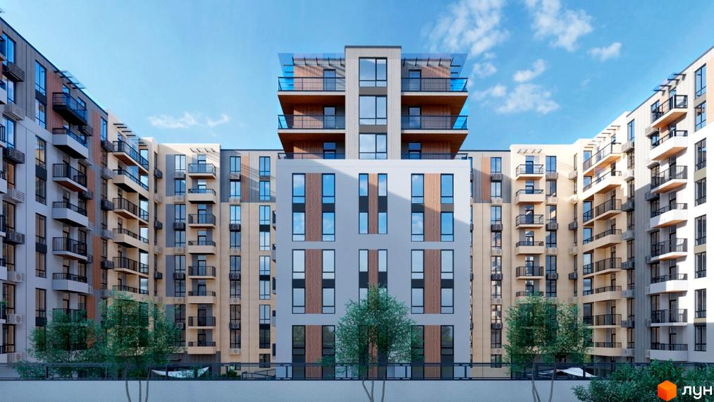 Житловий комплекс КОРОНА з фасадами світлих відтінків. На території комплексу висаджені дерева та кущі, а також є огородження.