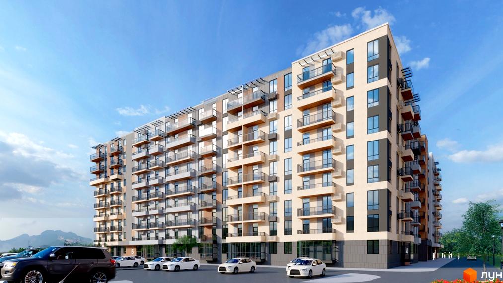 Багатоповерховий будинок ЖК КОРОНА з балконами та великими вікнами. На території комплексу є парковка для автомобілів.