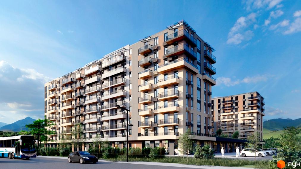 Житловий комплекс КОРОНА. Багатоповерховий будинок з балконами та скляними фасадами. На території є парковка, зелені насадження та гори на фоні.