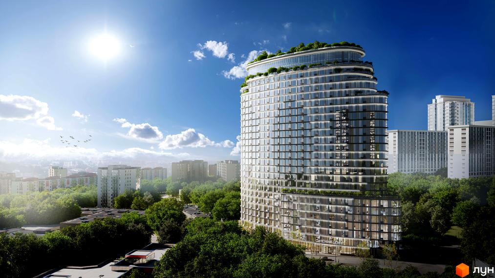 Житловий комплекс Delrey - це висотна будівля з панорамним склінням та зеленою терасою на даху. Навколо комплексу розташовані дерева та сусідні новобудови.