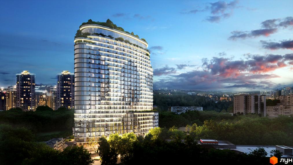 Житловий комплекс Delrey з вигнутим фасадом та терасами, оточений зеленню. Нічний вид на сучасну архітектуру міста.