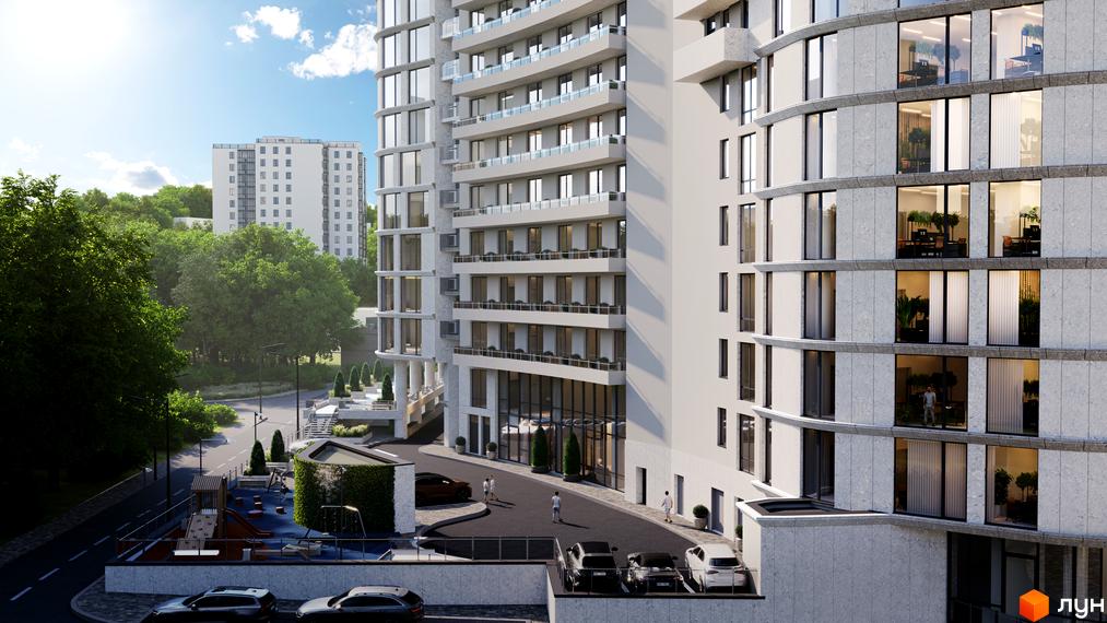 Зовнішній вигляд новобудови ЖК Delrey з балконами та великими вікнами, прибудинкова територія з дитячим майданчиком та парковкою.