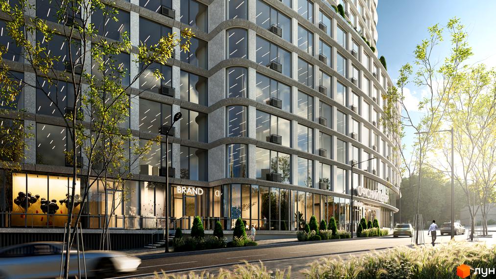 Фасад житлового комплексу Delrey з великими вікнами та вивіскою 