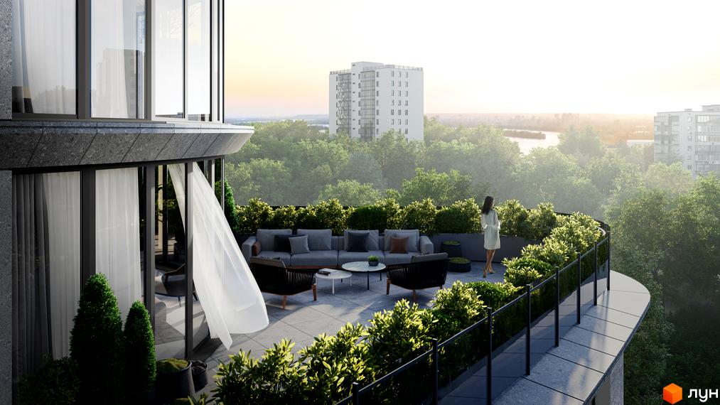 Житловий комплекс Delrey: простора тераса з диваном та кріслами, оточена зеленню, з видом на місто та річку.