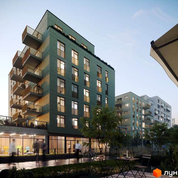 Зовнішній вигляд житлового комплексу HYGGE LUX з зеленим фасадом та балконами, прибудинкова територія з деревами та зоною відпочинку.
