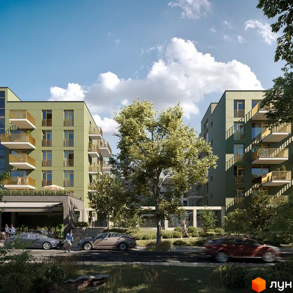 Житловий комплекс HYGGE LUX з зеленими фасадами та золотистими балконами, оточений деревами та з автомобілями на парковці.