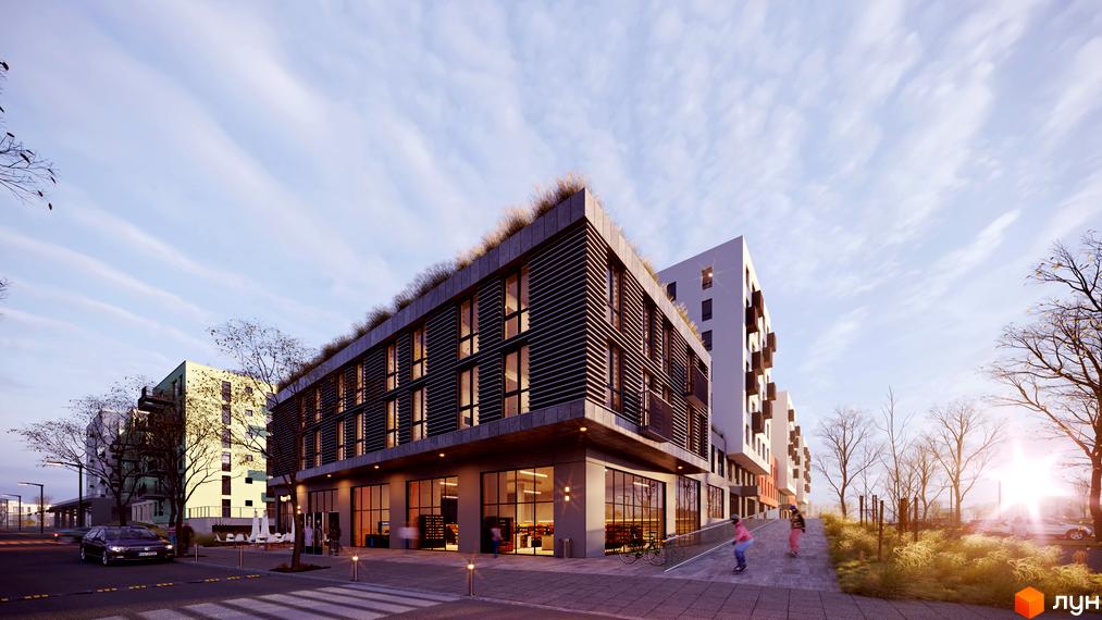 Зовнішній вигляд житлового комплексу HYGGE LUX з фасадами, що мають горизонтальне облицювання, та зеленою зоною на даху. Прибудинкова територія включає тротуари та зелені насадження.