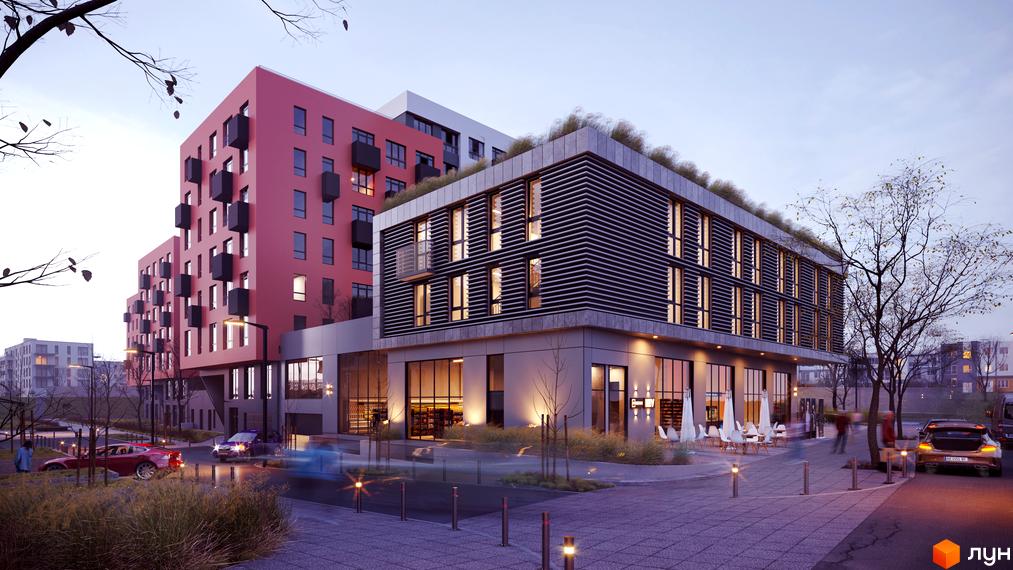 Житловий комплекс HYGGE LUX з рожевою та сірою фасадною частиною, великими вікнами та зеленою зоною на даху. Прибудинкова територія з деревами та місцями для паркування.